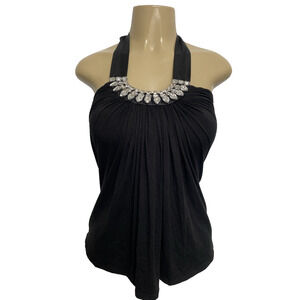 Sky Top Blouse Sleeveless Halter Neck Rhinestone Crystal Embellished Black XS